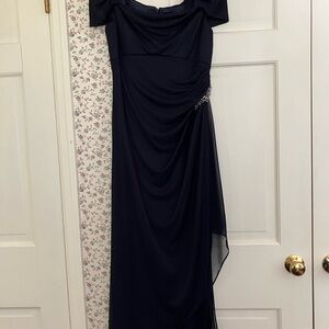 Alex Evenings Short Sleeve Cold Shoulder Cowl Neck Side Brooch Gown
